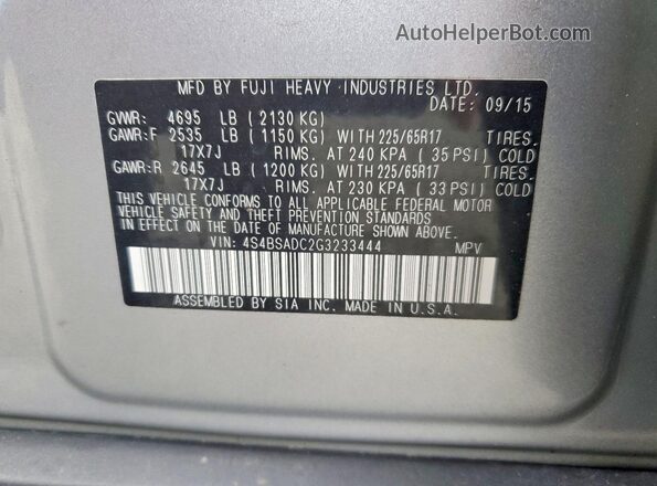 4S4BSADC2G3233444 2016 SUBARU OUTBACK Silver Engine compartment view