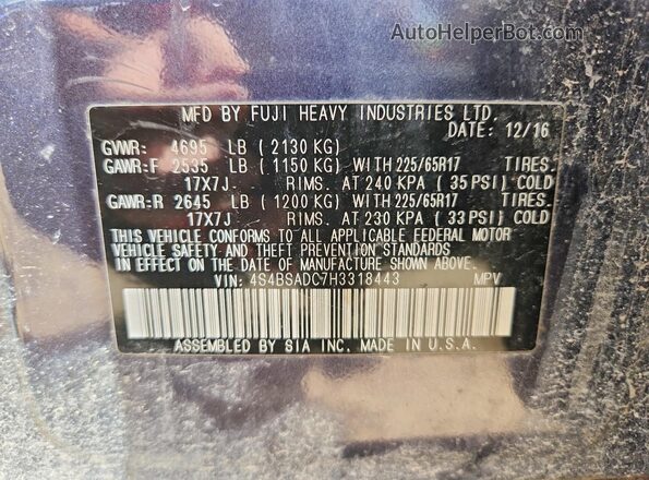 4S4BSADC7H3318443 2017 SUBARU OUTBACK Gray Widok komory silnika