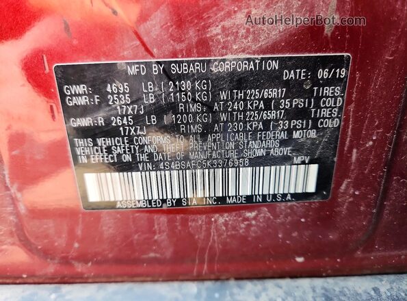 4S4BSAFC5K3376958 2019 SUBARU OUTBACK Burgundy Widok wnętrza 360 stopni