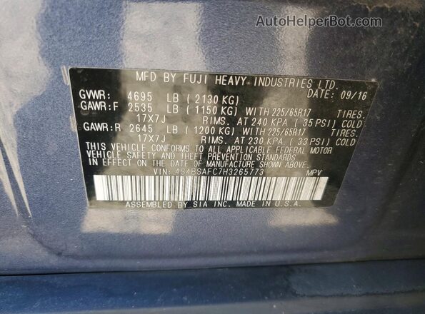 4S4BSAFC7H3265773 2017 SUBARU OUTBACK Blue Вид наклейки з VIN-кодом