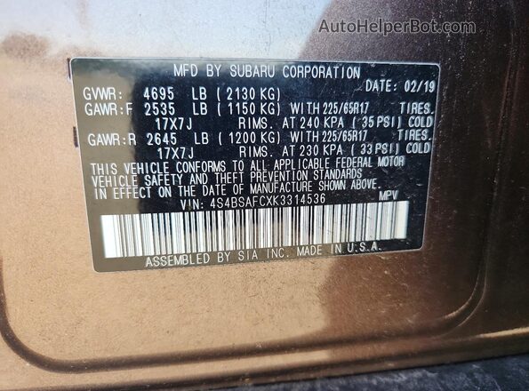 4S4BSAFCXK3314536 2019 SUBARU OUTBACK Burgundy VIN կոդի պիտակի տեսք