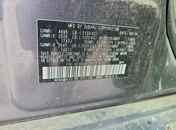 4S4BSAFCXK3379127 2019 SUBARU OUTBACK Gray VIN sticker view