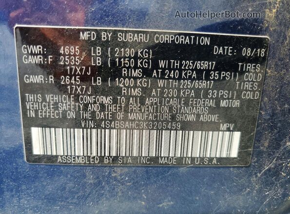 4S4BSAHC3K3205459 2019 SUBARU OUTBACK Blue Շարժիչի բաժամունքի տեսք