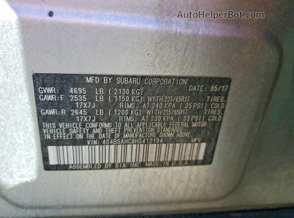 4S4BSAHC8H3412194 2017 SUBARU OUTBACK Silver Вид наклейки з VIN-кодом