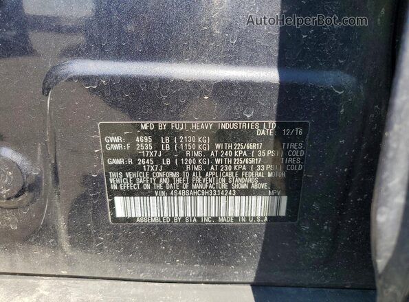 4S4BSAHC9H3314243 2017 SUBARU OUTBACK Blue VIN կոդի պիտակի տեսք