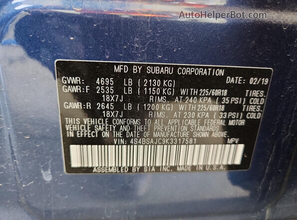 4S4BSAJC9K3317581 2019 SUBARU OUTBACK Синий Панорамный вид салона 360°