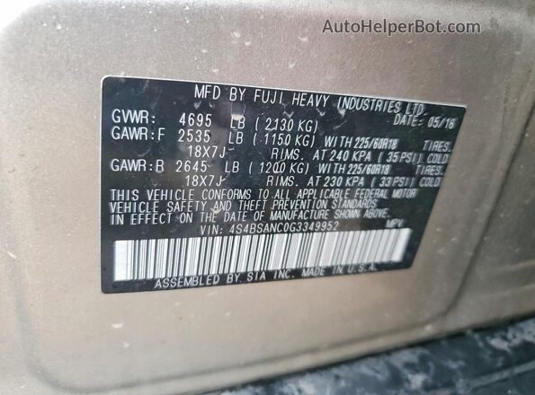 4S4BSANC0G3349952 2016 SUBARU OUTBACK Tan 360 interior view