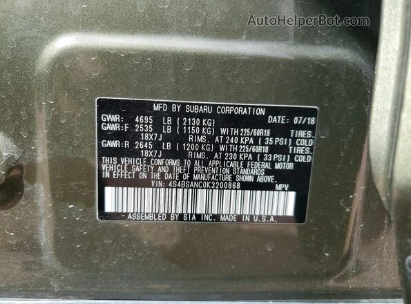 4S4BSANC0K3200868 2019 SUBARU OUTBACK Green Widok naklejki z numerem VIN