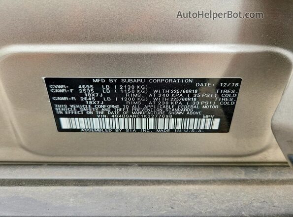 4S4BSANC1K3277698 2019 SUBARU OUTBACK Beige Vista de la etiqueta del VIN