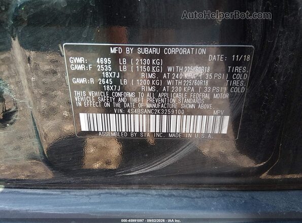 4S4BSANC2K3259100 2019 SUBARU OUTBACK Black Շարժիչի բաժամունքի տեսք