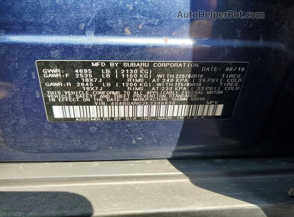 4S4BSANC2K3386638 2019 SUBARU OUTBACK Blue VIN sticker view
