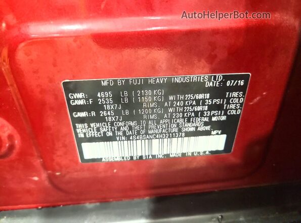 4S4BSANC4H3211378 2017 SUBARU OUTBACK Red Вид наклейки з VIN-кодом