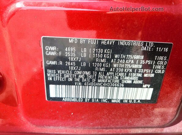 4S4BSANC4H3306636 2017 SUBARU OUTBACK Red Widok komory silnika