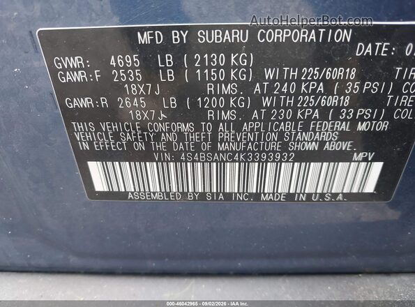 4S4BSANC4K3393932 2019 SUBARU OUTBACK Blue Widok komory silnika