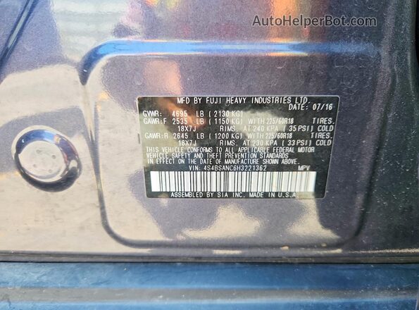 4S4BSANC6H3221362 2017 SUBARU OUTBACK Charcoal 360 interior view