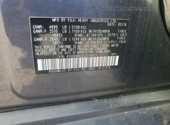 4S4BSANC8G3318531 2016 SUBARU OUTBACK Gray ძრავის განყოფილების ხედი