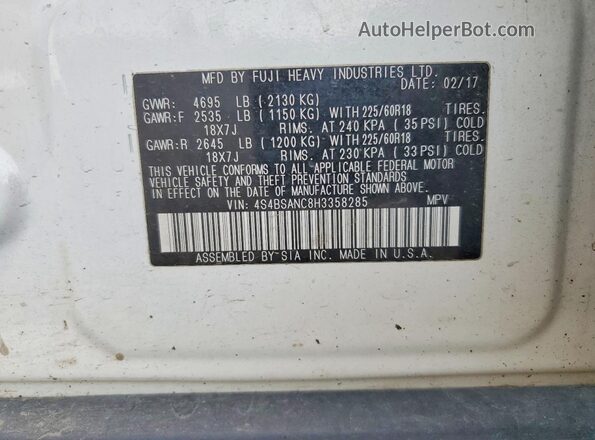 4S4BSANC8H3358285 2017 SUBARU OUTBACK White VIN sticker view