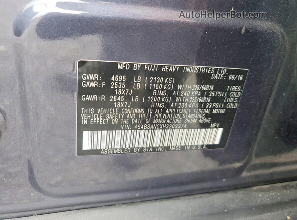 4S4BSANCXH3209974 2017 SUBARU OUTBACK Gray VIN կոդի պիտակի տեսք