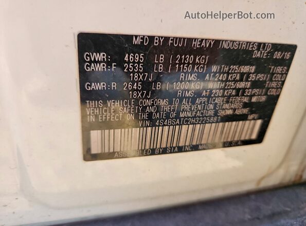 4S4BSATC2H3225881 2017 SUBARU OUTBACK White VIN კოდის სტიკერის ხედი