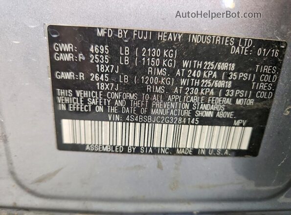 4S4BSBJC2G3284145 2016 SUBARU OUTBACK Серебряный Вид наклейки с VIN-кодом