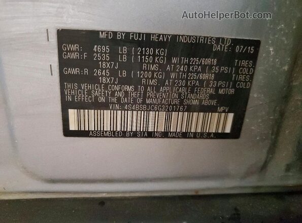 4S4BSBJC6G3201767 2016 SUBARU OUTBACK Silver Widok wnętrza 360 stopni