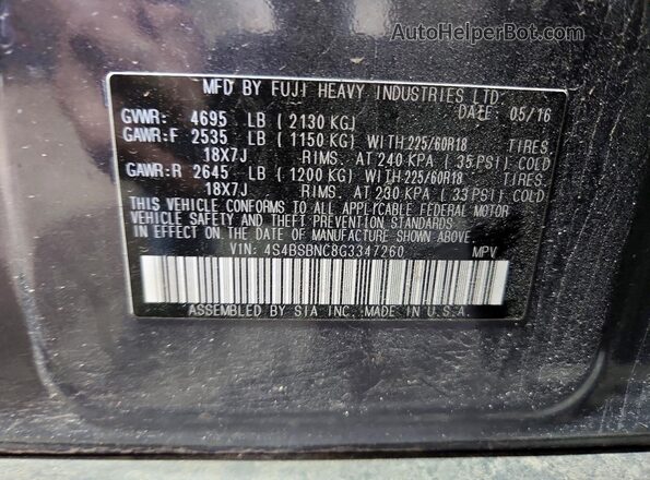4S4BSBNC8G3347260 2016 SUBARU OUTBACK Blue Вид наклейки з VIN-кодом