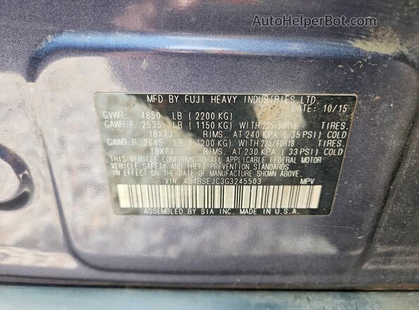 4S4BSEJC3G3245503 2016 SUBARU OUTBACK Blue VIN կոդի պիտակի տեսք