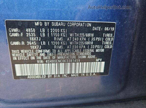 4S4BSENC0K3381459 2019 SUBARU OUTBACK Blue Вид наклейки з VIN-кодом