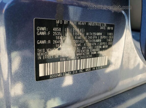 4S4BSENC3H3226395 2017 SUBARU OUTBACK Blue VIN կոդի պիտակի տեսք