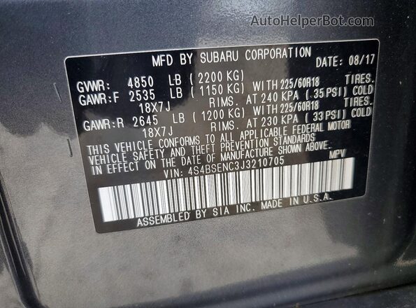4S4BSENC3J3210705 2018 SUBARU OUTBACK Charcoal VIN կոդի պիտակի տեսք