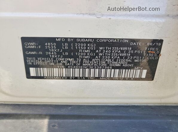 4S4BSENC3K3387966 2019 SUBARU OUTBACK White VIN sticker view