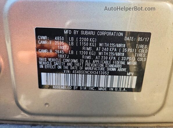 4S4BSENCXH3413052 2017 SUBARU OUTBACK Silver VIN կոդի պիտակի տեսք