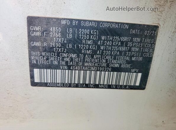 4S4BTAAC3M3190326 2021 SUBARU OUTBACK Белый Вид наклейки с VIN-кодом