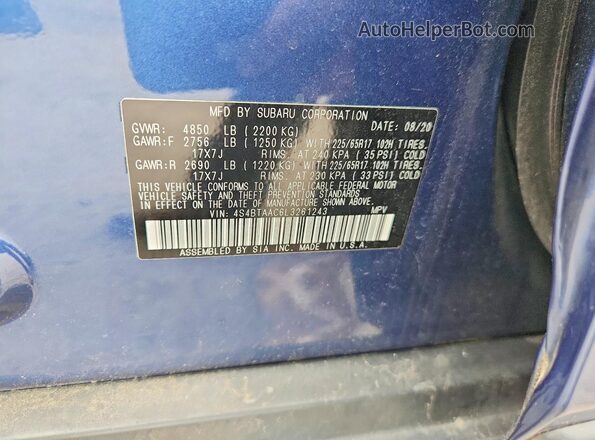 4S4BTAAC6L3261243 2020 SUBARU OUTBACK Синий Вид наклейки с VIN-кодом
