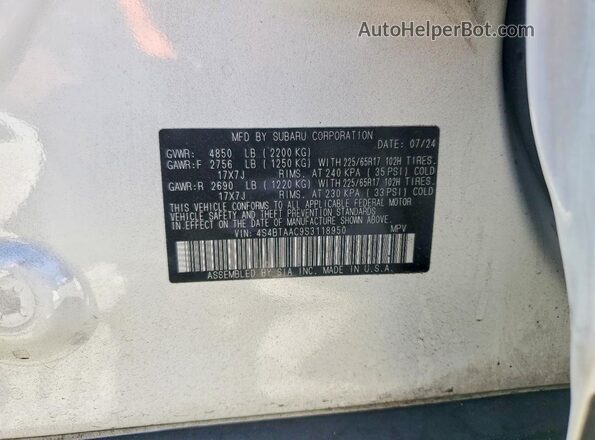 4S4BTAAC9S3118950 2025 SUBARU OUTBACK White VIN sticker view