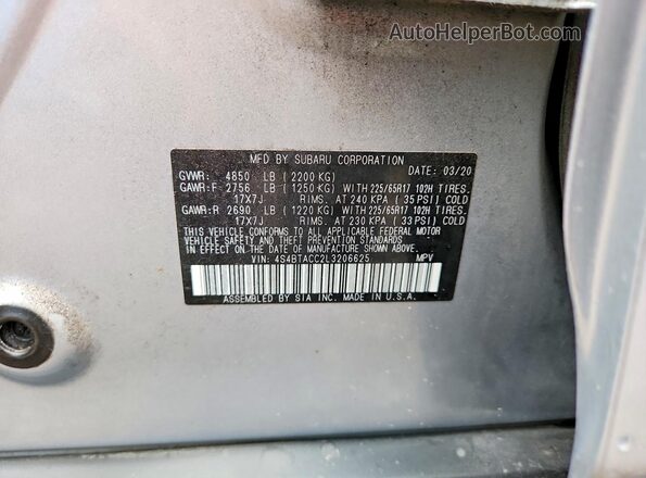 4S4BTACC2L3206625 2020 SUBARU OUTBACK Silver Սալոնի 360 աստիճան տեսք