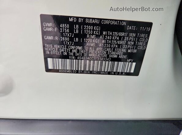 4S4BTACC3L3143342 2020 SUBARU OUTBACK White VIN sticker view