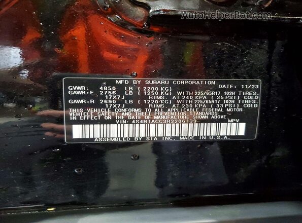4S4BTACC3R3206139 2024 SUBARU OUTBACK Black Вид наклейки з VIN-кодом