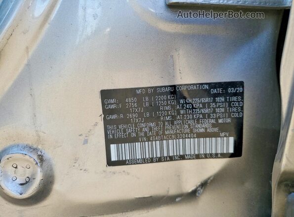 4S4BTACC9L3204404 2020 SUBARU OUTBACK Gold Widok komory silnika