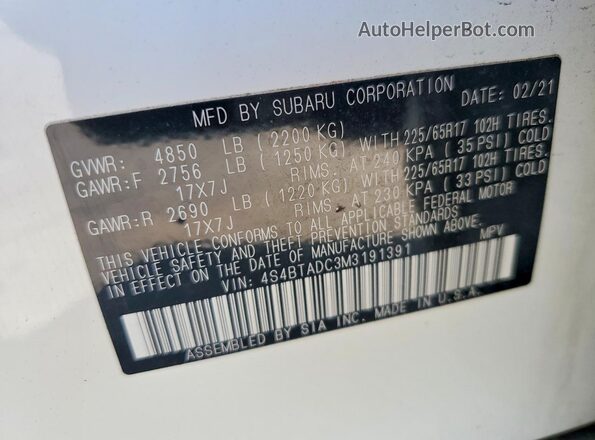 4S4BTADC3M3191391 2021 SUBARU OUTBACK White სალონის 360-გრადუსიანი ხედი