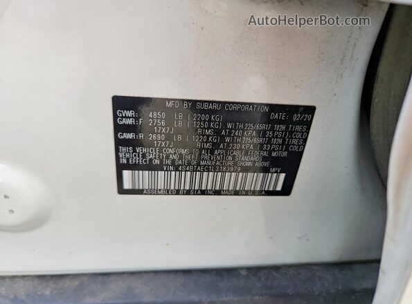 4S4BTAEC1L3183979 2020 SUBARU OUTBACK White Вид наклейки з VIN-кодом