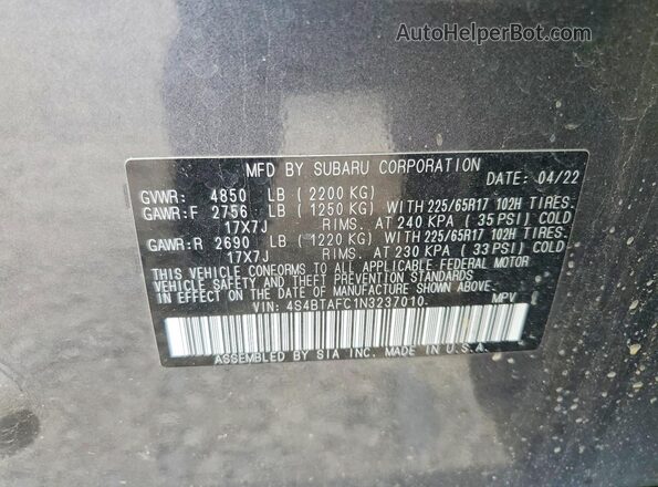4S4BTAFC1N3237010 2022 SUBARU OUTBACK Charcoal Вид підкапотного простору