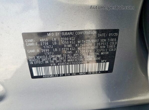 4S4BTAFC1S3204472 2025 SUBARU OUTBACK Silver Вид наклейки з VIN-кодом