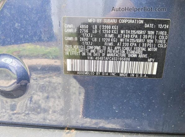 4S4BTAFC4S3195606 2025 SUBARU OUTBACK Blue Вид підкапотного простору