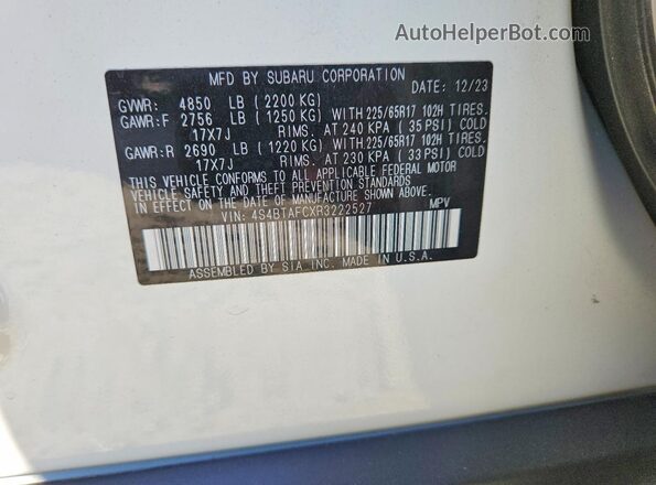 4S4BTAFCXR3222527 2024 SUBARU OUTBACK White Widok wnętrza 360 stopni