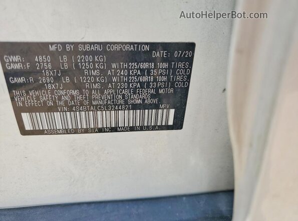 4S4BTALC5L3244821 2020 SUBARU OUTBACK White Вид наклейки з VIN-кодом