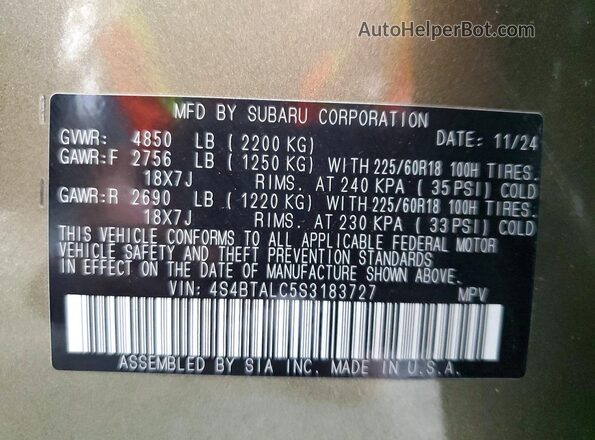 4S4BTALC5S3183727 2025 SUBARU OUTBACK Бежевый Панорамный вид салона 360°