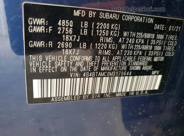4S4BTAMC0M3170644 2021 SUBARU OUTBACK Blue VIN sticker view