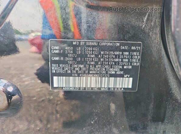 4S4BTAMC4N3137325 2022 SUBARU OUTBACK Black Widok naklejki z numerem VIN