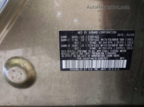 4S4BTANC0L3206765 2020 SUBARU OUTBACK Green Vista interior de 360 grados